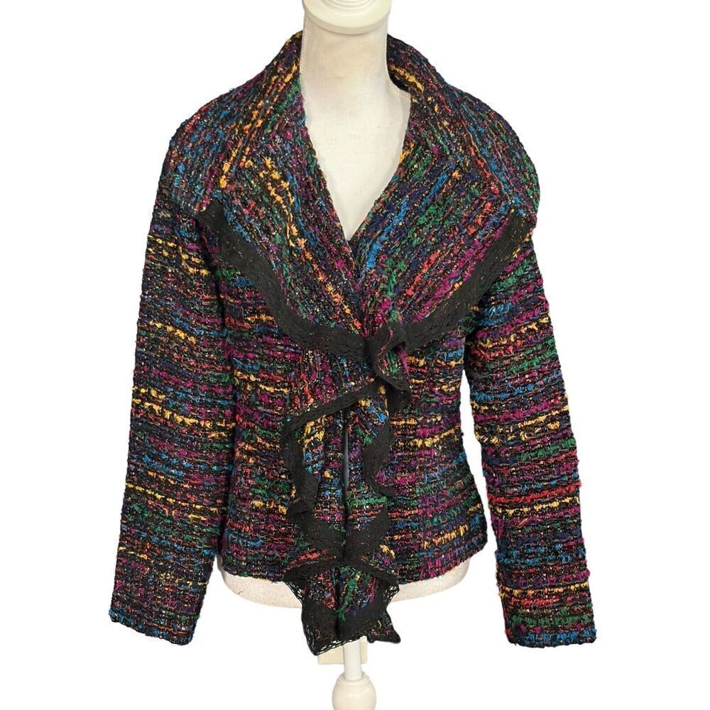 Berek Tweed Jacket Blazer Size Small Ruffles Woven Fringe Preppy Work Classic